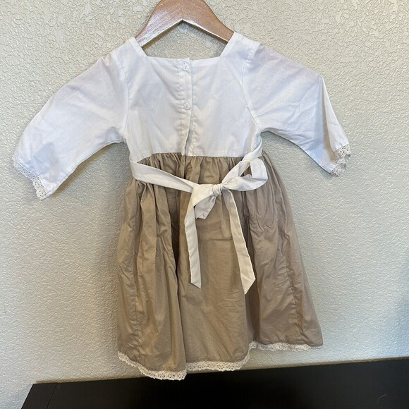Periwinkle Parasol White Brown Long Sleeve Dress 4T Smocking Lace Tie Back - Picture 5 of 7